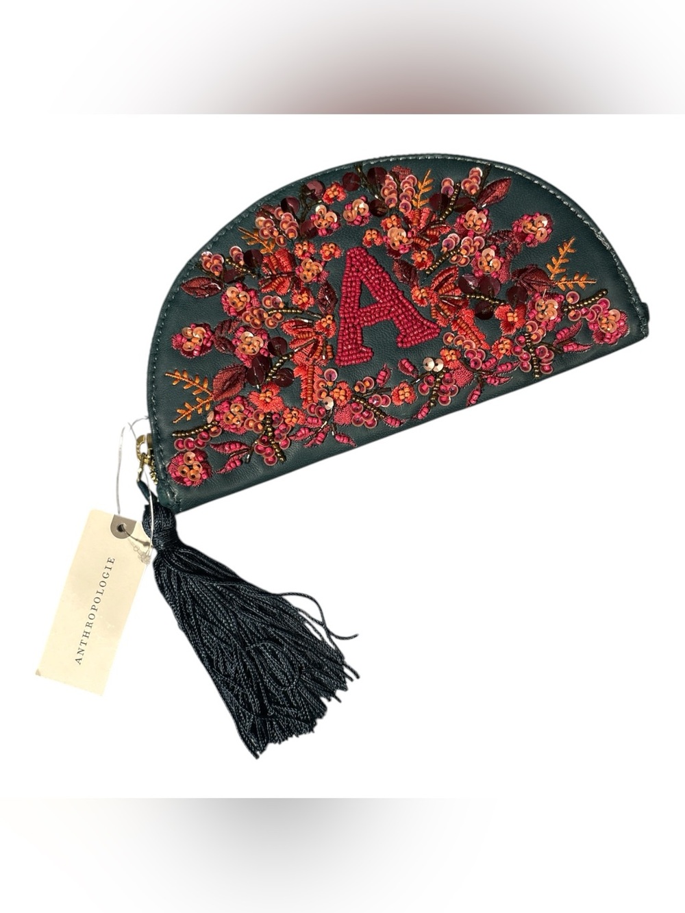 Anthropologie Letter A Leather Beaded Zip Pouch